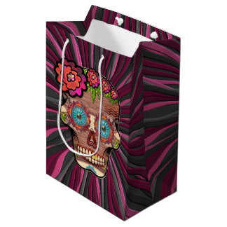 Sac Cadeau Moyen Crâne de sucre en bois sculpté avec couronne fleur