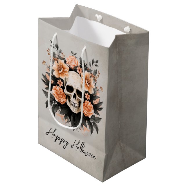 Sac Cadeau Moyen Crâne floral Glam personnalisé Halloween (Devant Angle)