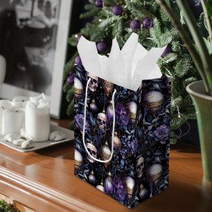 Sac Cadeau Moyen Crânes gothiques d'arbre de Noël Noir & Violet