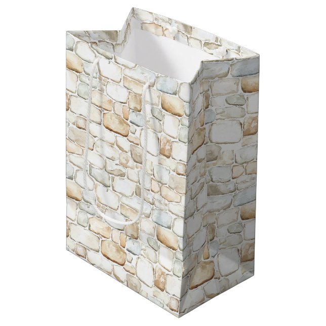Sac Cadeau Moyen Cream White Grey Faux Stones Birthday (Devant Angle)