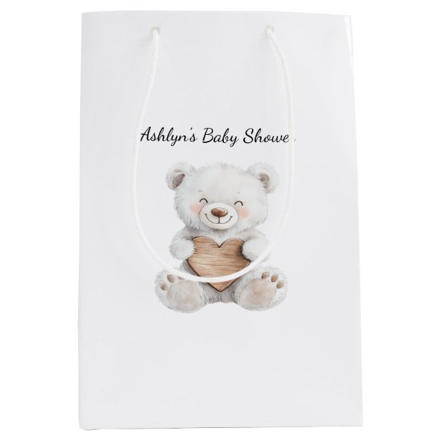 Sac Cadeau Moyen Cream White Teddy Bears Hearts Baby Shower (Devant)