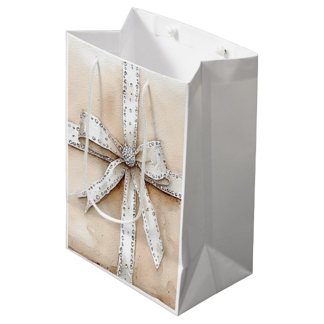 Sac Cadeau Moyen Crème Blanc Argent Glitzy Glam Bow Noël (Devant Angle)