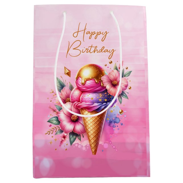 Sac Cadeau Moyen Crème de glace rose et or Anniversaire doré (Devant)
