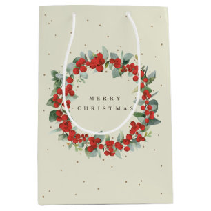 Sac Cadeau Moyen Crème Rouge Berry+Eucalyptus Noël/Fêtes