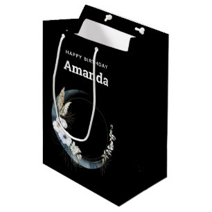 Sac Cadeau Moyen Crescent Bleu Lune aux fleurs blanches Anniversair