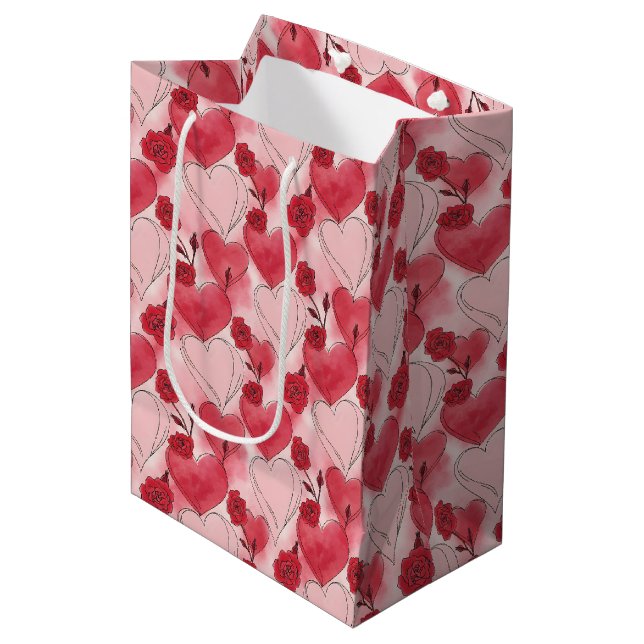 Sac Cadeau Moyen Crimson Red Blush Pink Hearts Roses Wine, Small, (Devant Angle)