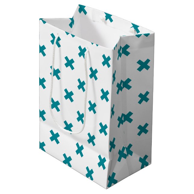 Sac Cadeau Moyen Crochets turquoises sur blanc (Devant Angle)