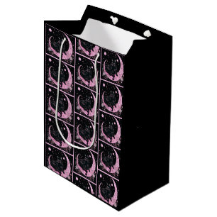 Sac Cadeau Moyen Croissant de Lune Floral Chat Noir Rose Halloween