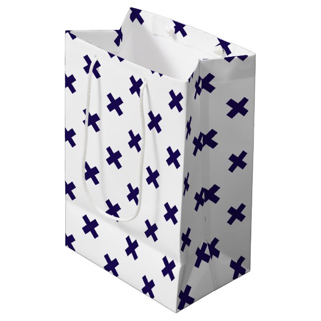 Sac Cadeau Moyen Croix bleu marine sur blanc (Devant Angle)