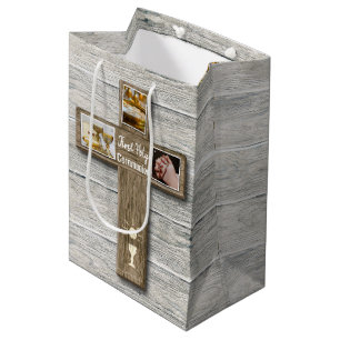 Sac Cadeau Moyen Croix Rustique Bois Première communion sainte