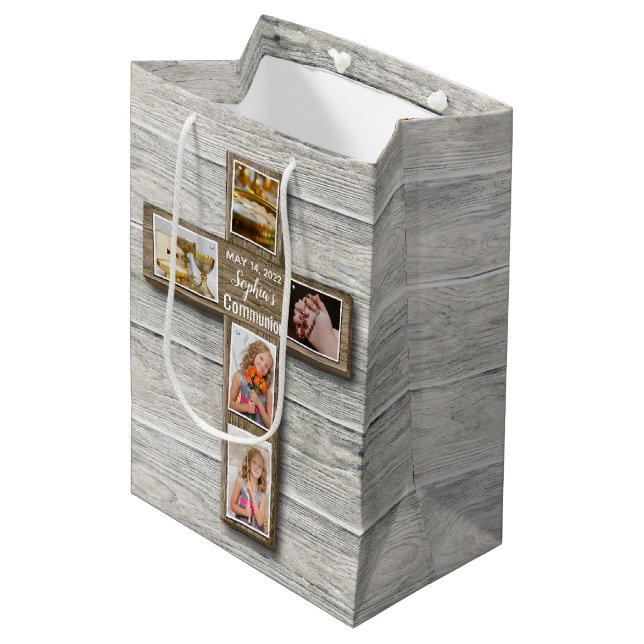 Sac Cadeau Moyen Croix Rustique Bois Première Sainte Communion Phot (Devant Angle)