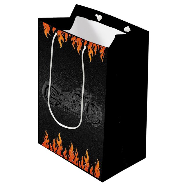 Sac Cadeau Moyen Cuir noir flammes orange moto motard fête (Devant Angle)