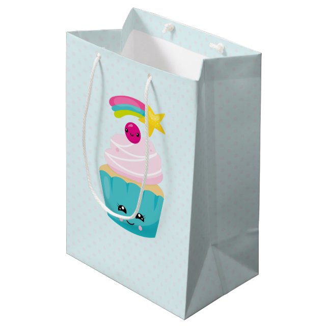 Sac Cadeau Moyen Cupcake bleu mignon avec visage Kawaii (Devant Angle)