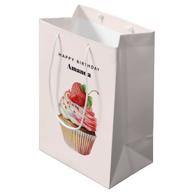 Sac Cadeau Moyen Cupcake fraise dessert dessert Anniversaire (Devant Angle)