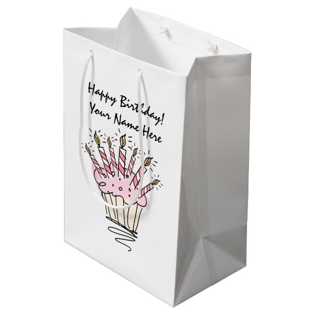 Sac Cadeau Moyen cupcake rose avec bougies d'anniversaire personnal (Dos Angle)