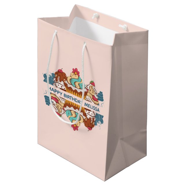 Sac Cadeau Moyen Cupcakes de style rétro Sweet Dessert Anniversaire (Devant Angle)