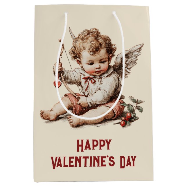 Sac Cadeau Moyen Cupidon Vintage avec Arc en Forme de Cœur (Devant)