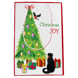 Sac Cadeau Moyen Curious Chat, oiseau et arbre de Noël