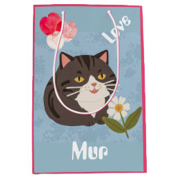 Sac Cadeau Moyen Custom Cute Gray Cat with Mur and Love