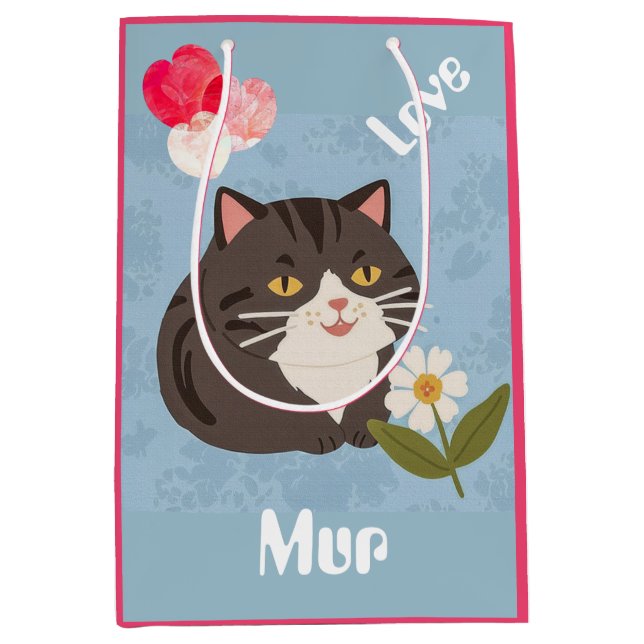 Sac Cadeau Moyen Custom Cute Gray Cat with Mur and Love (Devant)
