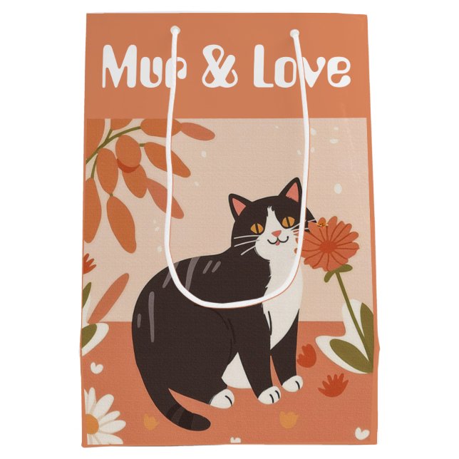 Sac Cadeau Moyen Custom Cute Smiling Cat with Mur & Love Text  (Dos)