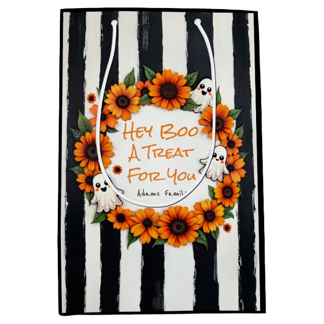 Sac Cadeau Moyen Custom Hey Boo Trick Ou Treat Ghost Floral Design (Devant)
