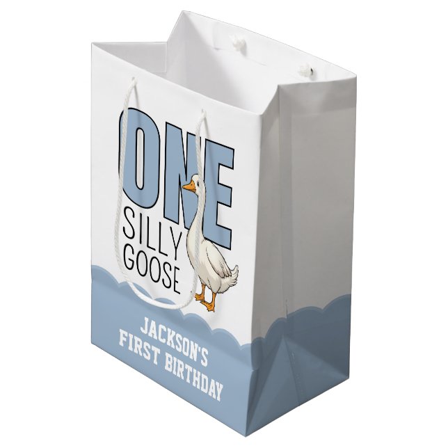 Sac Cadeau Moyen Custom Modern Blue One Silly Goose First Birthday (Devant Angle)