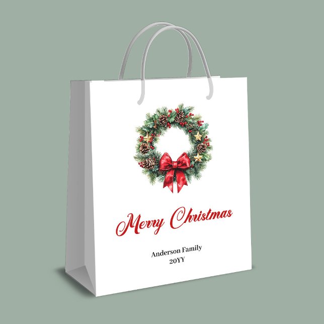 Sac Cadeau Moyen Custom name Christmas wreath bag red and green   (Custom name Christmas wreath bag red and green style)