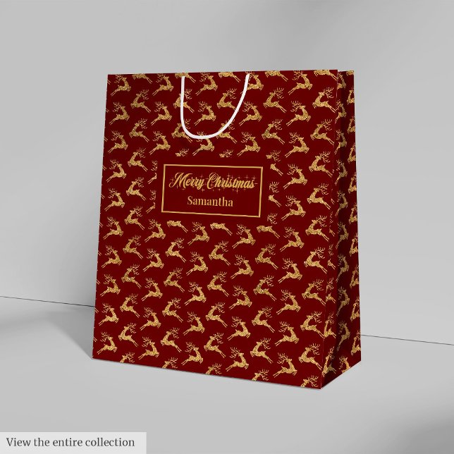 Sac Cadeau Moyen Custom Name Red and Gold Reindeer Gift Bag (Custom Name Red and Gold Reindeer Gift Bag)