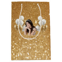 Custom Photo Birthday Gift Bag Gold & White 
