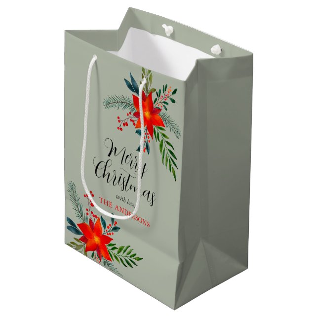 Sac Cadeau Moyen Customized Red Poinsettia Merry Christmas (Devant Angle)