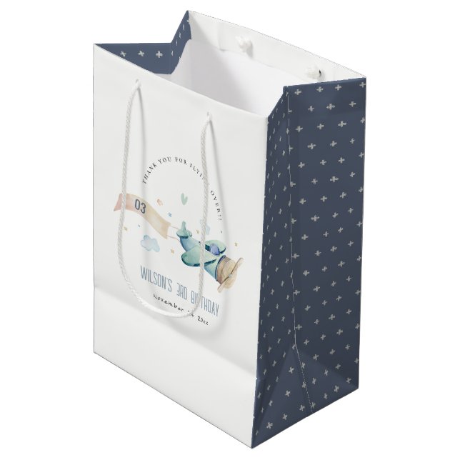Sac Cadeau Moyen Cute Aqua Green Blue Biplane Nuage Coeur Anniversa (Devant Angle)