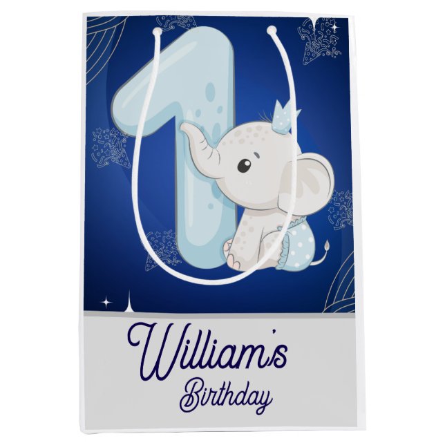Sac Cadeau Moyen Cute Baby Elephant First Birthday (Devant)