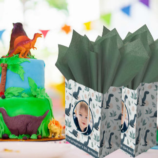 Sac Cadeau Moyen Cute Blue Green Dinosaur Photo personnalisée et no