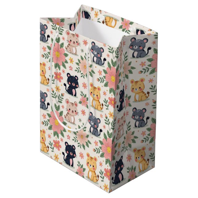 Sac Cadeau Moyen Cute Cartoon Jungle Cats and Flowers (Dos Angle)