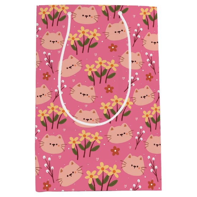 Sac Cadeau Moyen Cute Chat et Fleurs (Devant)