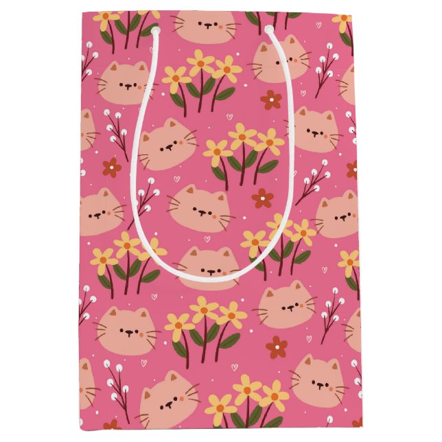 Sac Cadeau Moyen Cute Chat et Fleurs (Devant)