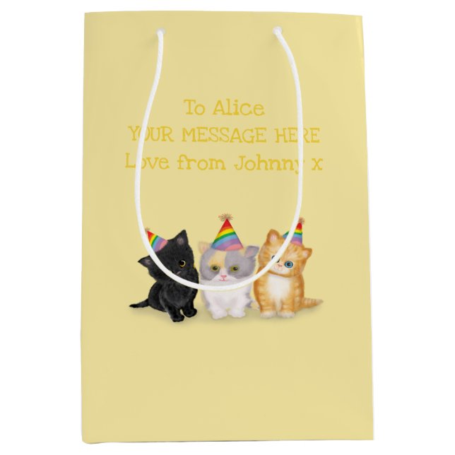 Sac Cadeau Moyen Cute chatons cadeau d'anniversaire personnalisé or (Devant)