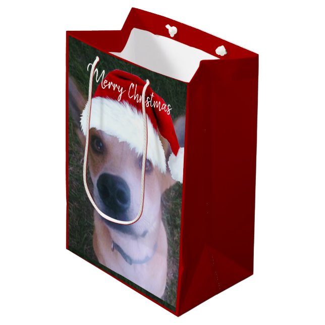 Sac Cadeau Moyen Cute Chien Photo Rouge Noël Personnalisé (Devant Angle)