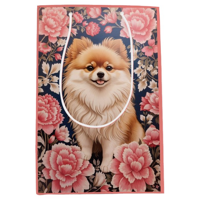 Sac Cadeau Moyen Cute Chien Poméranien Rose Floral (Devant)