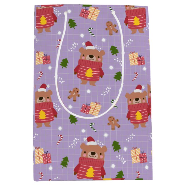 Sac Cadeau Moyen Cute Christmas Bear Pattern | Cozy Holiday Winter  (Devant)