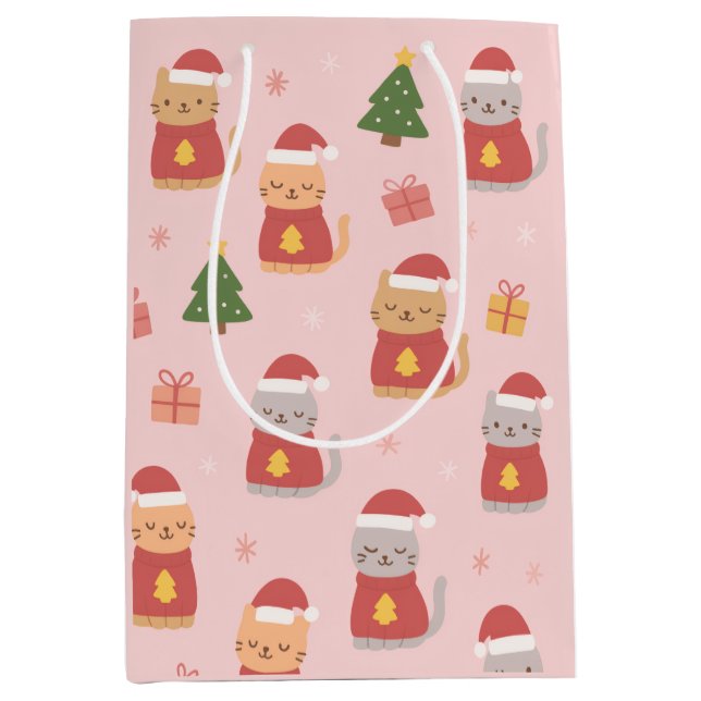 Sac Cadeau Moyen Cute Christmas Cats Pattern – Pink Holiday Design (Devant)