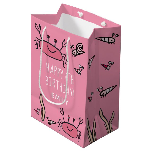 Sac Cadeau Moyen Cute Crabe Rose Animaux de mer Fille Joyeux Annive (Devant Angle)