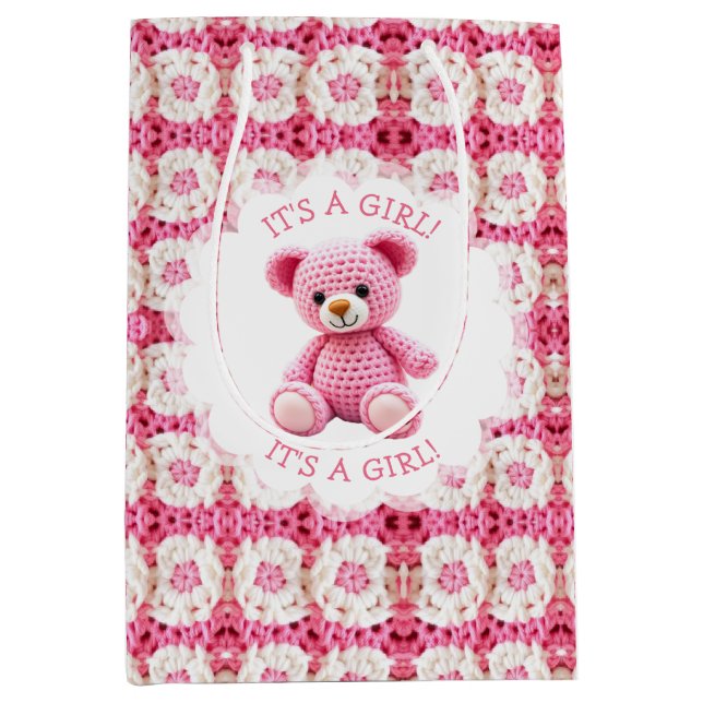 Sac Cadeau Moyen Cute Crocheted Teddy Bear Girl's Baby Shower (Devant)