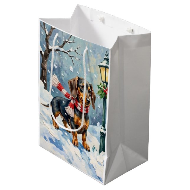 Sac Cadeau Moyen Cute Dachshund Puppy Cozy Winter Scarf Art (Devant Angle)