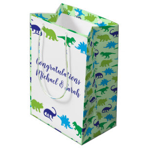 Sac Cadeau Moyen Cute Dinosaur Baby shower Dino Blue et Green Boy
