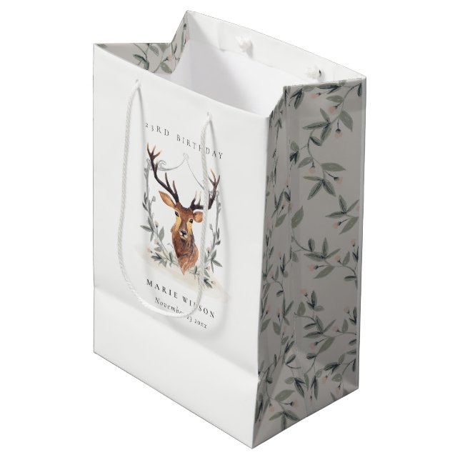 Sac Cadeau Moyen Cute Dusky Deer Floral Crest N'Importe Quel Âge An (Devant Angle)