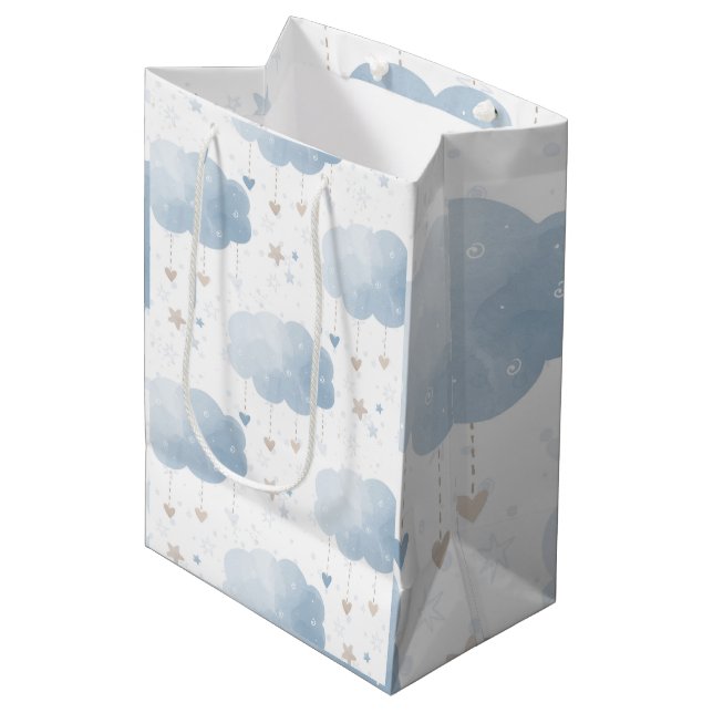 Sac Cadeau Moyen Cute Elegant Bleu Ivoire Nuages Étoiles Douche gar (Devant Angle)