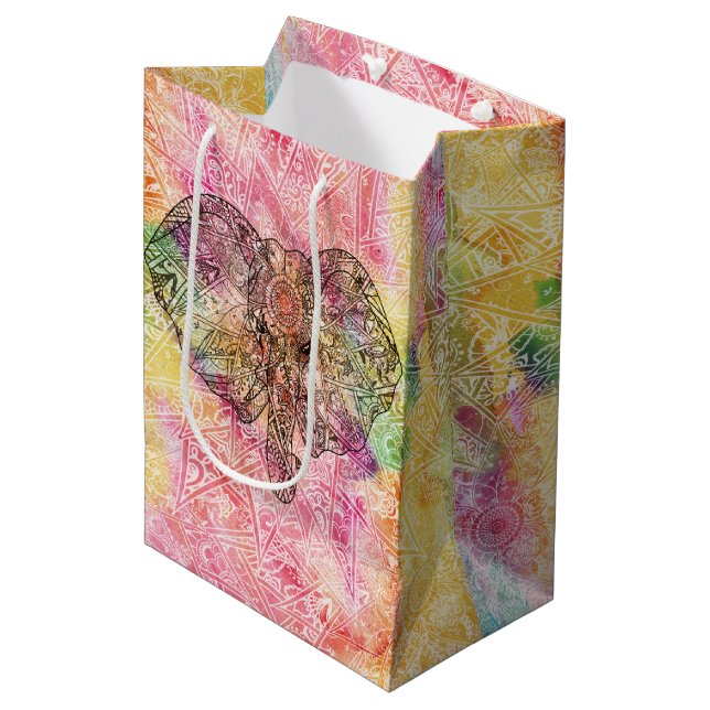 Sac Cadeau Moyen Cute Elephant Aquarelle main dessinée Fleur de hen (Devant Angle)