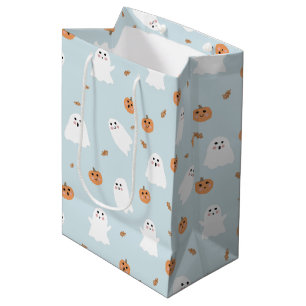 Sac Cadeau Moyen Cute Fantôme et Citrouille Motif d'Halloween bleu